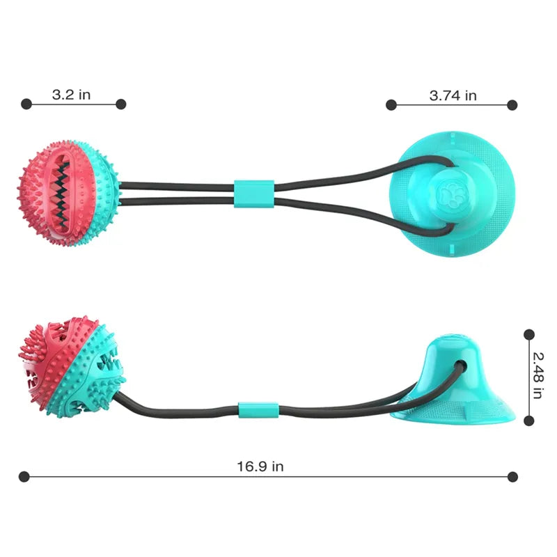 Dimensions of the teal and pink treat-ball suction tug toy