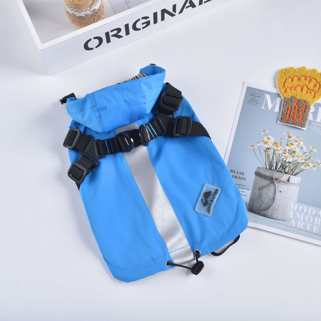 Red waterproof dog raincoat with built-in harness