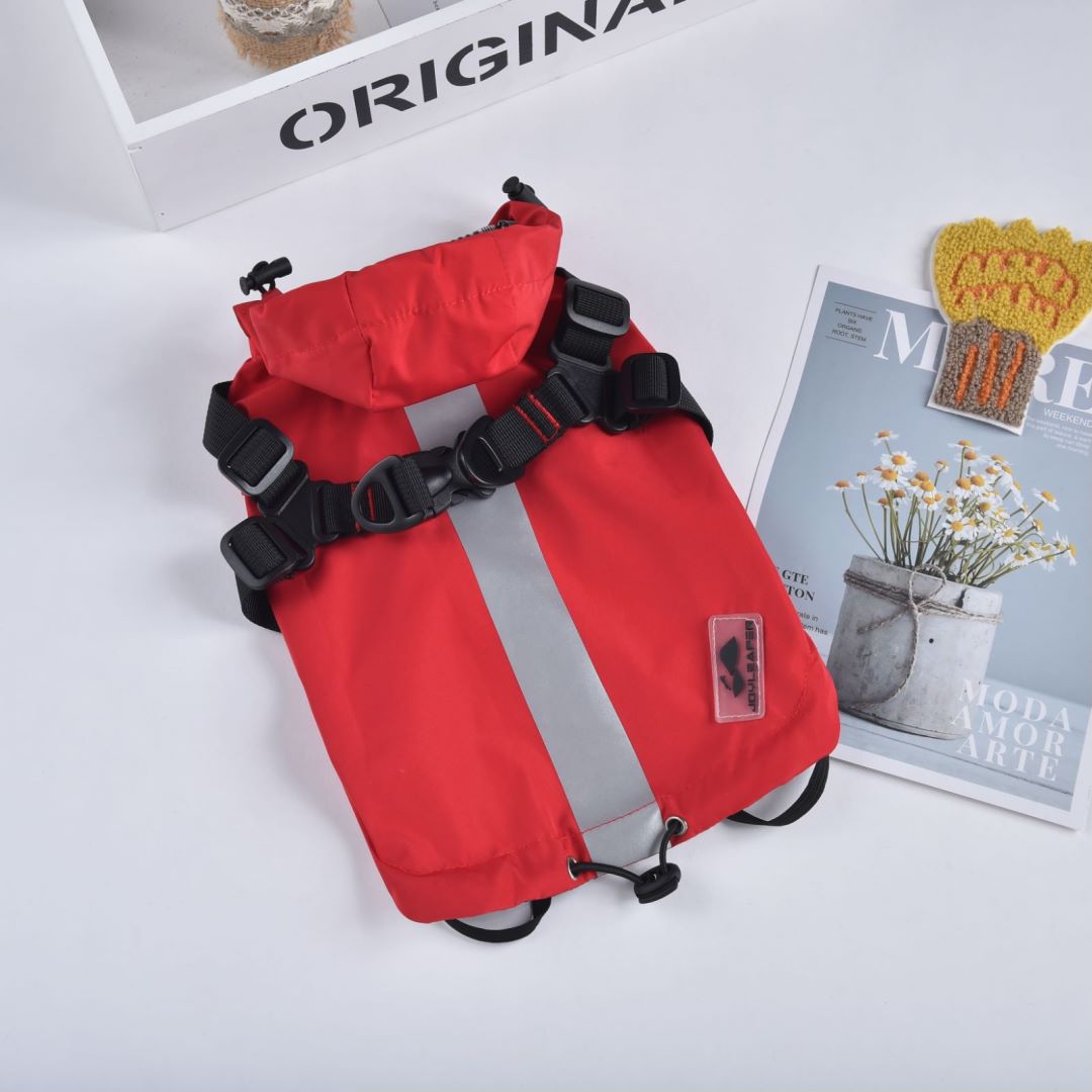 Waterproof dog raincoat reflective front panel detail