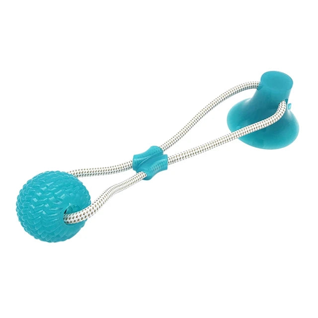 Teal textured rope ball with suction base for dog play
