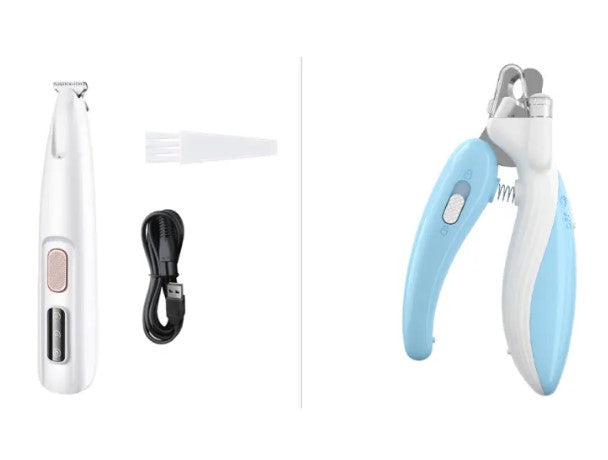 White pet paw trimmer with cleaning brush, USB cable, and blue nail clipper