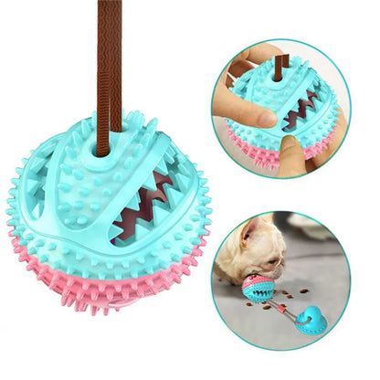 Teal and pink treat-dispensing dog ball with textured surface and treat opening