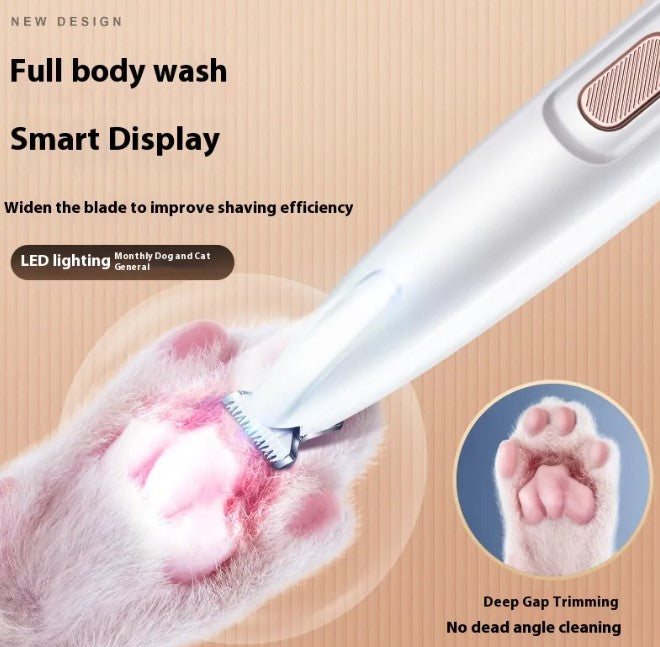 LED pet paw trimmer illuminating paw pads during grooming