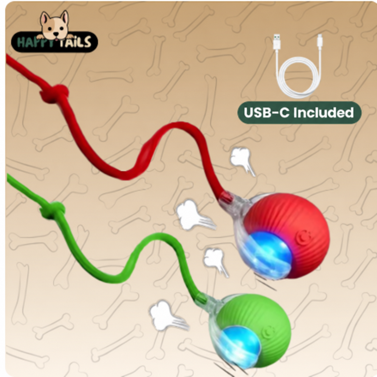 Red and green automatic rolling cat balls with rope and included USB-C cable