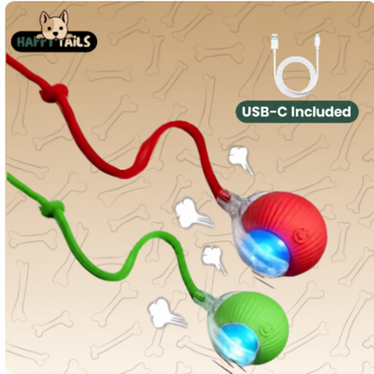 Red and green automatic rolling cat balls with rope and included USB-C cable