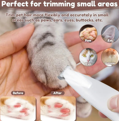Compact pet trimmer used to trim fur around a cat paw