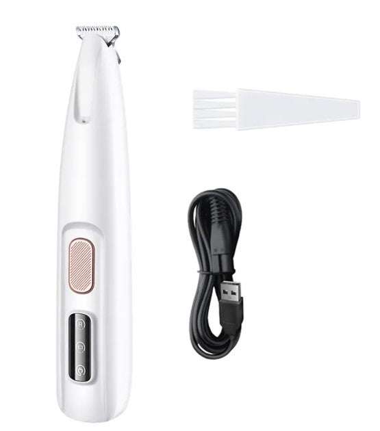 White pet paw trimmer with cleaning brush and USB charging cable