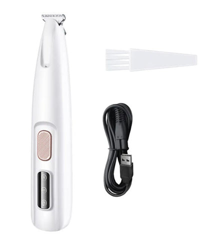 White pet paw trimmer with cleaning brush and USB charging cable