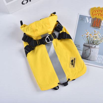 Dog raincoat buckle and leash attachment detail