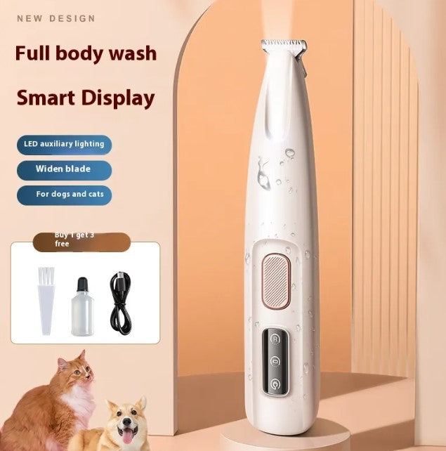 LED pet paw trimmer with included blade guard, brush, and charging cable